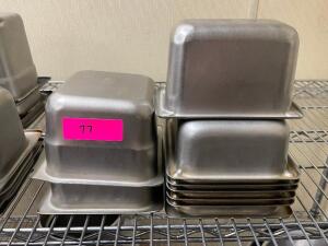 DESCRIPTION: (8) ASSORTED 1/6 SIZE AND 1/9 SIZE STAINLESS INSERTS. LOCATION: KITCHEN THIS LOT IS: ONE MONEY QTY: 1