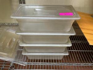 DESCRIPTION: (5) 1/3 SIZE PLASTIC INSERTS W/ LIDS SIZE 4" DEEP LOCATION: KITCHEN THIS LOT IS: SOLD BY THE PIECE QTY: 5