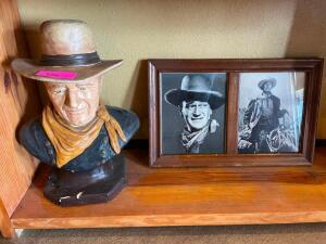 DESCRIPTION: JOHN WAYNE BUST AND (1) FRAMED PRINT. LOCATION: SEATING QTY: 1