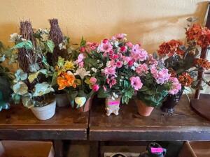 DESCRIPTION: (6) ASSORTED FAUX FLORAL ARRANGEMENTS AND POTS LOCATION: SEATING THIS LOT IS: ONE MONEY QTY: 1