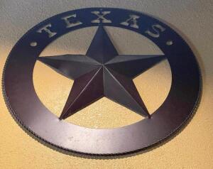 DESCRIPTION: 20" ROUND METAL TEXAS SIGN ADDITIONAL INFORMATION NEED LADDER FOR REMOVAL LOCATION: SEATING QTY: 1