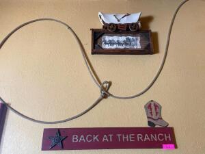 DESCRIPTION: (5) ASSORTED PIECES OF DECORATION - LASO, WAGON, BACK AT THE RANCH, FRAMED PRINT, WINDMILL ADDITIONAL INFORMATION SEE ADDITIONAL IMAGES L