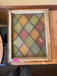 DESCRIPTION: 29" X 22" FRAMED STAINED GLASS WINDOW W/ BARN WOOD FRAME SIZE 22" X 29" LOCATION: SEATING QTY: 1