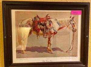 DESCRIPTION: WHITE NAVAJO HORSE - SMALL FRAMED PRINT LOCATION: SEATING QTY: 1