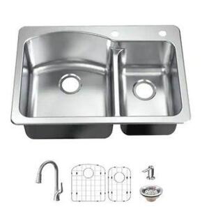 ALL-IN-ONE DROP-IN/UNDERMOUNT 18G STAINLESS STEEL 33 IN. 2-HOLE DOUBLE BOWL KITCHEN SINK WITH PULL-DOWN FAUCET