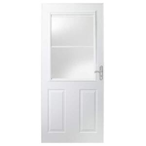 DESCRIPTION: 400 SERIES WHITE UNIVERSAL TRADITIONAL SELF-STORING ALUMINUM STORM DOOR WITH NICKEL HARDWARE BRAND/MODEL: EMCO SIZE: 32"X80" RETAIL$: $32