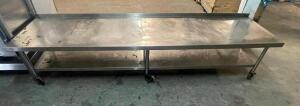 10' X 30" LOW BOY STAINLESS EQUIPMENT STAND. ON CASTERS