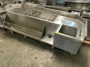 83" X 27" CUSTOM BUILT ALL STAINLESS UNDER BAR SINK W/ SPEED RAIL.