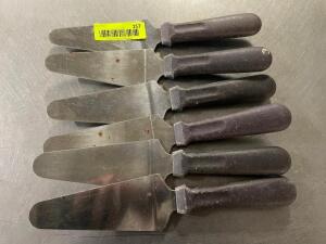 (6) STAINLESS PIE SERVERS W/ BROWN PLASTIC HANDLES