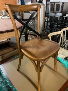 (8) WOODEN CHAIRS W/ CROSS BACK METAL STRAPS