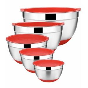 DESCRIPTION 10-Piece Steel Bowl Set with Silicone Base - RED CONDITION Brand New - In Box - Retail - $80.00 ADDITIONAL INFO Each bowl includes a airti