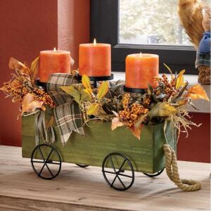 DESCRIPTION Fall Wood Wagon LED Candle Holder CONDITION Brand New - In Box - Retail - $49.99 ADDITIONAL INFO Handcrafted wood wagon filled with twigs,