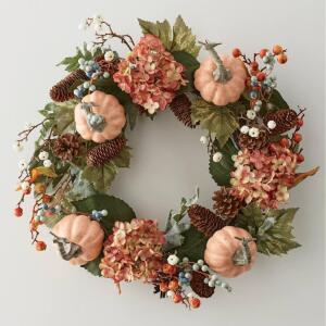 DESCRIPTION Hydrangea Pumpkin and Pinecone Wreath CONDITION Brand New - In Box - Retail - $59.99 ADDITIONAL INFO Natural twig and vine wreath with fau