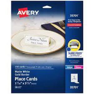 DESCRIPTION: (5) PACKS OF (150) PLACE CARDS BRAND/MODEL: AVERY INFORMATION: MATTE WHITE WITH GOLD BORDER RETAIL$: $29.39 PER PACK SIZE: 1-7/16" X 3-3/