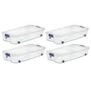 DESCRIPTION: (4) UNDER BED STORAGE BOX CONTAINER BRAND/MODEL: STERILITE #1995 INFORMATION: CLEAR RETAIL$: $20.34 A BOX SIZE: 66 QT QTY: 4