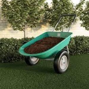 DESCRIPTION: (1) 2 WHEELED GARDEN WHEELBARROW BRAND/MODEL: PURE GARDEN #50-LG1079 INFORMATION: GREEN RETAIL$: $139.95 EA SIZE: LARGE CAPACITY QTY: 1