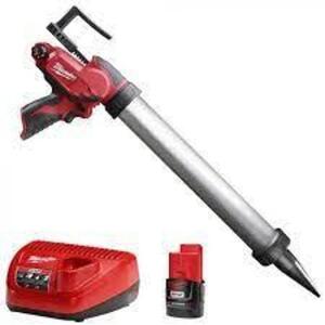 DESCRIPTION: (1) ALUMINUM BARREL SAUSAGE STYLE CAULK ADHESIVE GUN BRAND/MODEL: MILWAUKEE RETAIL$: $219.00 EA SIZE: 20 OZ QTY: 1