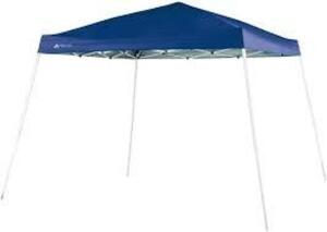 DESCRIPTION: (1) INSTANT SLANT LEG CANOPY BRAND/MODEL: OZARK TRAIL/FGA99SL INFORMATION: WHITE & BLUE/COOLING SHADE RETAIL$: 55 SIZE: 10' X 10' QTY: 1