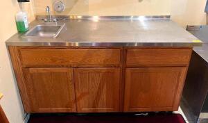 65" STAINLESS TOPPED PREP COUNTER W/ SINGLE COMPARTMENT SINK & WOODEN UNDER STORAGE