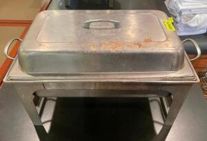 FULL SIZE STAINLESS CHAFFER W/ STAND, LID, WATER PAN, AND INSERT.