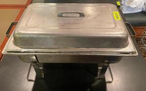 FULL SIZE STAINLESS CHAFFER W/ STAND, LID, WATER PAN, AND INSERT.