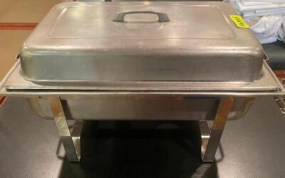 FULL SIZE STAINLESS CHAFFER W/ STAND, LID, WATER PAN, AND INSERT.