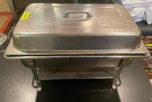 FULL SIZE STAINLESS CHAFFER W/ STAND, LID, WATER PAN, AND INSERT.