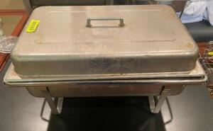 FULL SIZE STAINLESS CHAFFER W/ STAND, LID, WATER PAN, AND INSERT.