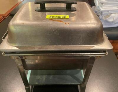 HALF SIZE STAINLESS CHAFFER W/ STAND, LID, WATER PAN, AND INSERT.