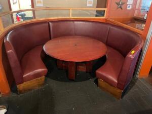 60" ROUND HARDWOOD TABLE W/ (3) SECTIONS OF SEMI CIRCLE HIGH BACK BOOTH SEATING.