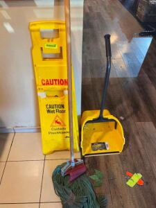 WET FLOOR SIGNS, DUST PAN, MOP