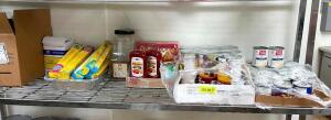 CONTENTS OF SHELF (VARIOUS CONDIMENTS, CANNED GOODS, ETC, SEE PHOTOS)