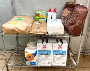 CONTENTS OF SHELVING UNIT (BAKING INGREDIENTS, CHARCOAL, LIGHTER FLUID ETC, SEE PHOTOS)