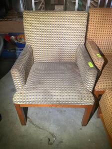 (8) TAN AND BLUE UPHOLSTERED ARM CHAIR W/ OTTOMANS