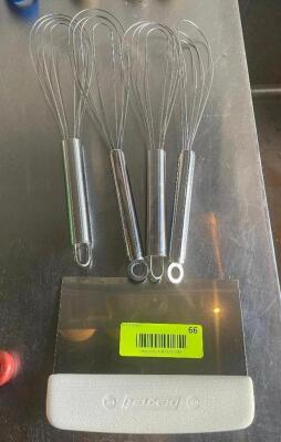 (3) STAINLESS WHISKS AND (1) SAUCE SCRAPPER