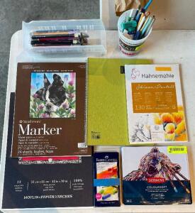 LARGE GROUP OF ASSORTED PREMIUM DRAWING PAPER / PENCILS / AND PASTELS