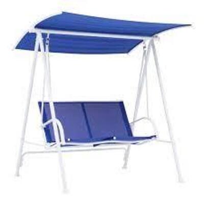 DESCRIPTION: (1) CANOPY PORCH SWING BRAND/MODEL: MAINSTAYS ALBANY LANE INFORMATION: BLUE AND WHITE RETAIL$: $108.00 EA SIZE: 2 PERSON QTY: 1