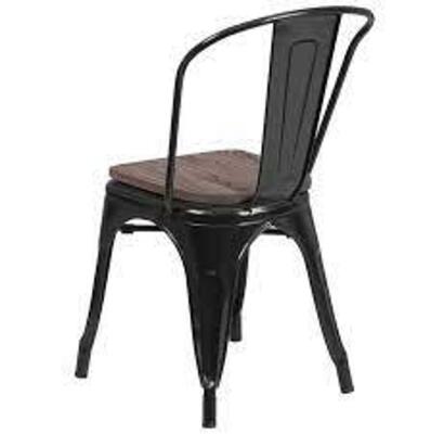 DESCRIPTION: (2) STACKABLE FARMHOUSE CHAIR WITH WOODEN SEAT BRAND/MODEL: TOLIX, MODERN RUSTIC HOME INFORMATION: BLACK, WITH WOODEN SEAT RETAIL$: $98.0