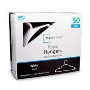 DESCRIPTION: (1) BOX OF (50) PLASTIC HANGERS BRAND/MODEL: MAINSTAYS INFORMATION: WHITE RETAIL$: $7.48 PER BOX QTY: 1