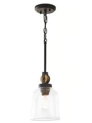 KNOLLWOOD 7 IN. 1-LIGHT BLACKENED BRONZE INDUSTRIAL MINI PENDANT LIGHT WITH VINTAGE BRASS ACCENTS & CLEAR GLASS SHADE