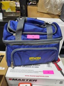 DESCRIPTION: (1) TOOL STORAGE BAG WITH TOOLS INCLUDEDBRAND/MODEL: IRWIN TRADEINFORMATION: INCLUDES CHALK LINE, BOTTLE OPENER, (4) CLAMPS, TOWEL, PENCILRETAIL$: $154.99 TOTALSIZE: ZIPPER CLOSUREQTY: 1