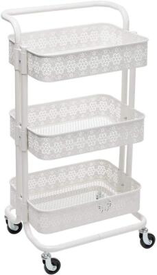 DOEWORKS 3-TIER MESH METAL UTILITY CART, ROLLING ORGANIZER STORAGE CART WITH HANDLE, WHITE