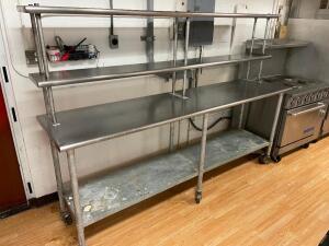 8' X 24" STAINLESS TABLE W/ TWO TIER RISER SHELF.