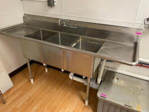 THREE WELL STAINLESS POT SINK W/ LEFT AND RIGHT DRY BOARDS