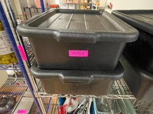 (2) PLASTIC BUS TUBS W/ LIDS