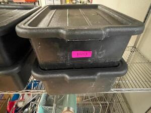 (2) PLASTIC BUS TUBS W/ LIDS