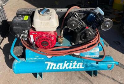 DESCRIPTION: MAKITA 5.5 HP GAS POWERED AIR COMPRESSOR BRAND / MODEL: MAKITA ADDITIONAL INFORMATION W/ HONDA 160 CC ENGINE. HAS COMPRESSION. RETAILS NE