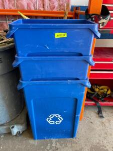 DESCRIPTION: (3) 20 GALLON BLUE PLASTIC RECYCLE CANS BRAND / MODEL: RUBBERMAID LOCATION: WAREHOUSE THIS LOT IS: SOLD BY THE PIECE QTY: 3