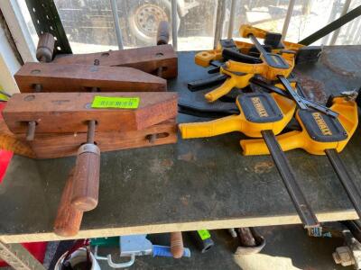 DESCRIPTION: (6) ASSORTED CLAMPS - (2) WOODEN AND (4) PLASTIC LOCATION: WAREHOUSE THIS LOT IS: ONE MONEY QTY: 1