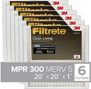 FILTRETE 20X20X1, AC FURNACE AIR FILTER, MPR 300, CLEAN LIVING BASIC DUST, 6-PACK